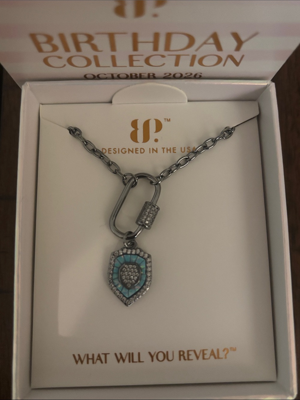 Bomb Party October Birthday Collection Light Blue Shield Pendant Necklace